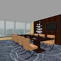 Conference Room With Long Table Chairs TV Screen Wooden Wall Large Windows And City View