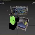 Accent Chair With Blue Cushion Yellow Pillow Green Vase Potted Plant And Artwork On Rug