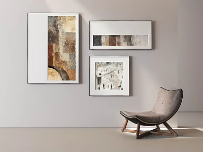 Three Framed Abstract Paintings on Wall with Modern Chair in Minimalist Living Room 3d model