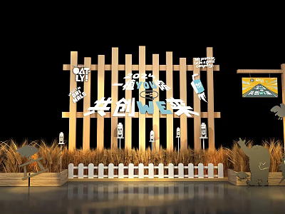 Wooden Fence Photo Check In Spot With Future Creation Sign Cartoon Decorations And Straw Plants 3d model