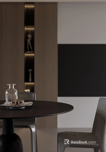 Modern Dining Living Room Interior With Black Round Table Glass Bottle And Dark Wood Cabinets 3d model 