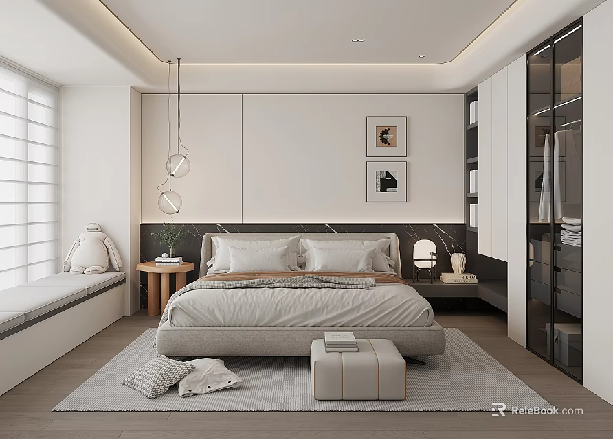 Modern Bedroom Interior Design With Beige Bed Large Window Side Table Lamp And Gray Rug 3d model 