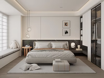Modern Bedroom Interior Design With Beige Bed Large Window Side Table Lamp And Gray Rug 3d model