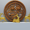 Golden Deer Sculpture Carvings With Three Different Poses On White Stand