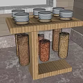 Wooden Spice Jar Rack With Gray Lids And Transparent Containers On Kitchen Countertop