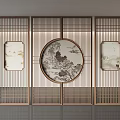 Chinese Style Wooden Screen With Circular Landscape Painting And Square Decorative Panels