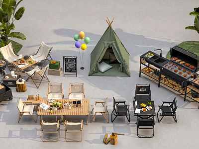 Campsite With Green Tent Outdoor Dining Tables Chairs Grill Colorful Balloons And Plants 3d model