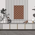 Modern TV Cabinet with Striped Wall Brown Art Green Plant Figurine Books and Hanging Lights