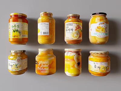 Assorted Canned Fruit Jars With Various Labels And Yellow Orange Contents Displayed 3d model