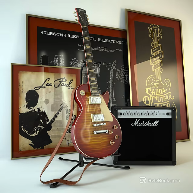 Vintage Electric Guitar with Marshall Amplifier and Framed Music Artworks 3d model 