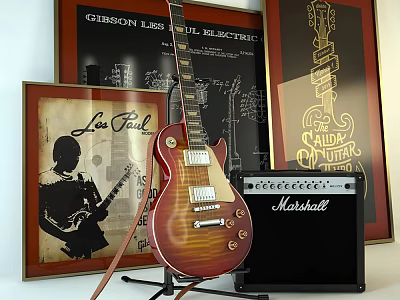 Vintage Electric Guitar with Marshall Amplifier and Framed Music Artworks 3d model