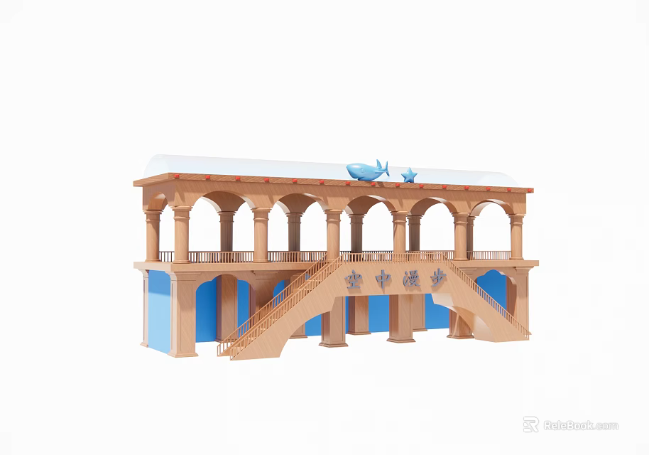 Two Story Architectural Model With Arches Staircase Blue Decor And Whale Figure 3d model 