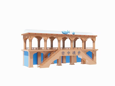 Two Story Architectural Model With Arches Staircase Blue Decor And Whale Figure 3d model