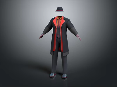 Stylish 3D Character Model With Black Coat Red Lining Black Hat And Gray Pants 3d model