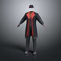 Stylish 3D Character Model With Black Coat Red Lining Black Hat And Gray Pants