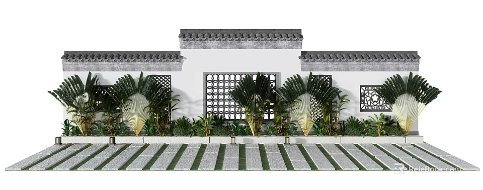 Traditional Chinese Garden Decor Featuring White Walls Grey Roof Lattice Windows Palm Plants Striped Pavement 3d model 
