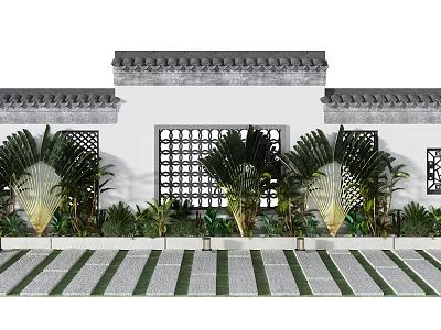 Traditional Chinese Garden Decor Featuring White Walls Grey Roof Lattice Windows Palm Plants Striped Pavement 3d model