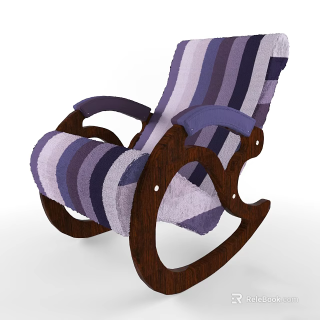 Purple White Striped Rocking Chair With Wooden Frame And Upholstered Seat 3d model 