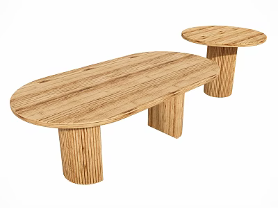 Natural Wooden Coffee Table Set With Oval Top And Textured Cylindrical Legs 3d model