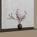Decorative Dark Vase With Red Flower Branches On Window Sill By White Blinds