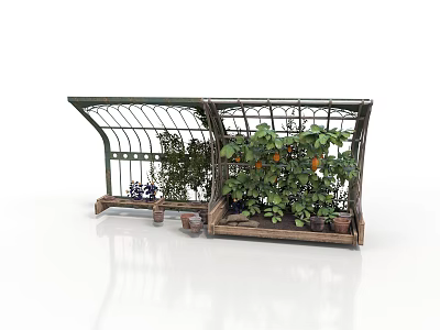 Arched Metal Frame Garden Structure With Interior Vines And Fruit Bearing Plants On Wooden Base 3d model