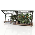 Arched Metal Frame Garden Structure With Interior Vines And Fruit Bearing Plants On Wooden Base