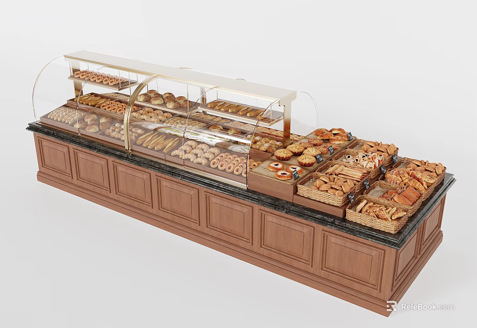 Bakery Display Shelf With Glass Cover And Wooden Cabinet For Assorted Bread Pastries 3d model 