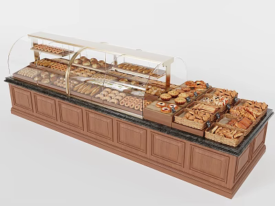 Bakery Display Shelf With Glass Cover And Wooden Cabinet For Assorted Bread Pastries 3d model