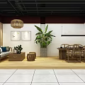 Chinese Style Display Space With Blue And White Porcelain Calligraphy And Green Plants