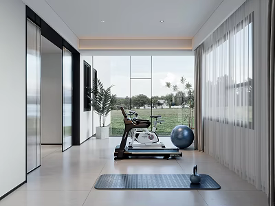 Modern Recreation Room With Exercise Bike Yoga Mat Large Windows And Green View 3d model