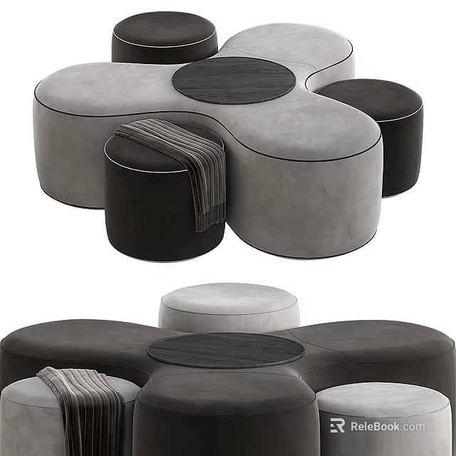 Modern Round Sofa Stools In Gray Black White Fabric With Combination Design 3d model 