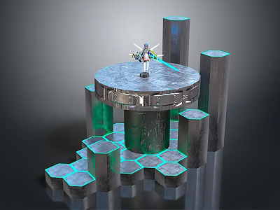 Game and Movie Character Standing On Circular Metal Platform With Glowing Green Columns In Futuristic Sci Fi Scene 3d model
