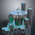 Game and Movie Character Standing On Circular Metal Platform With Glowing Green Columns In Futuristic Sci Fi Scene