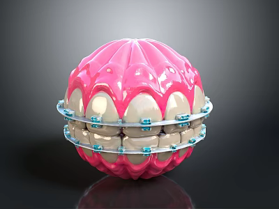 Dental Organ Structure With Pink Gum White Teeth And Metal Brackets 3d model