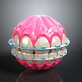 Dental Organ Structure With Pink Gum White Teeth And Metal Brackets