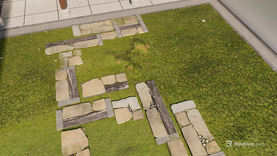 Natural Stone Slab Pathway Winding Through Lush Green Grass In Garden Area 3d model 