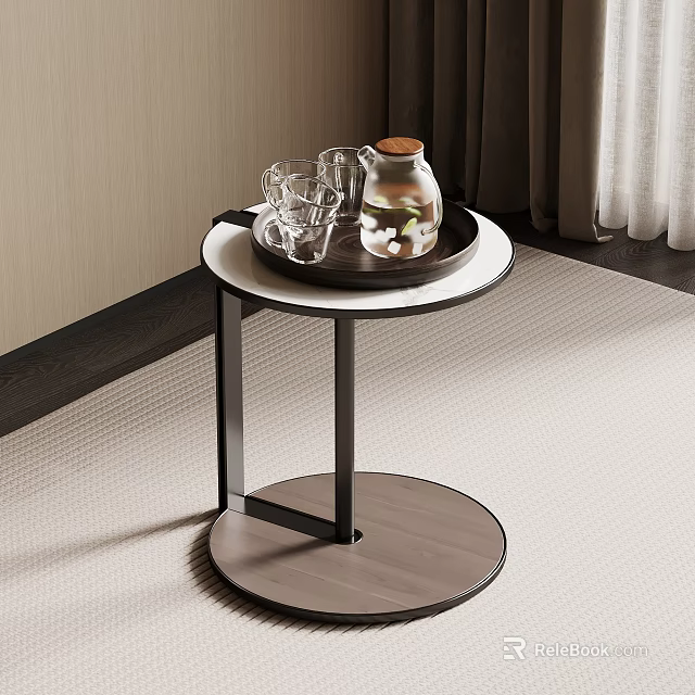 Modern Side Table Featuring Wooden Top Black Metal Frame and Glass Pitcher Cups 3d model 