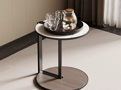 Modern Side Table Featuring Wooden Top Black Metal Frame and Glass Pitcher Cups 3d model