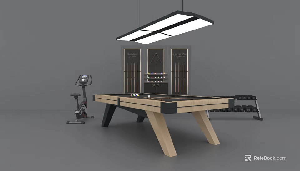 Indoor Sports Equipment Setup With Pool Table Exercise Bike And Dumbbell Rack 3d model 