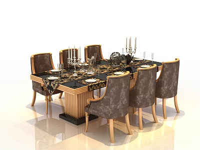 Elegant Home Dining Table Set With Upholstered Chairs Candlesticks And Tableware 3d model