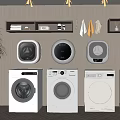 Modern Washing Machines Different Styles In Home Interior With Storage Shelves And Towels
