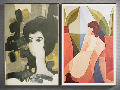Two Abstract Female Portrait Paintings With Geometric Colors And Leaf Backgrounds 3d model