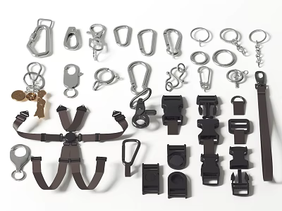 Diverse Metal Accessories With Buckles Clasps Key Rings And Brown Straps 3d model
