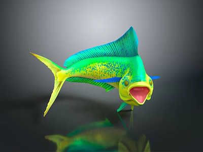 Vibrant Green And Yellow Mahi Mahi Fish With Open Mouth Blue Fins Dark Background Reflection 3d model