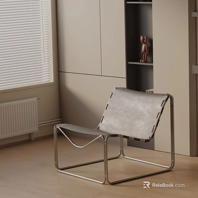 Modern Gray Leather Accent Chair With Metal Frame In Room With Window And Decorative Figure 3d model 