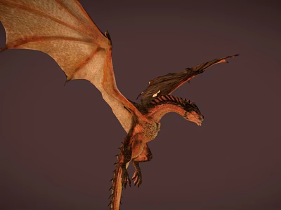 Detailed Red Mythical Dragon Flying With Outstretched Wings Against Dark Background 3d model