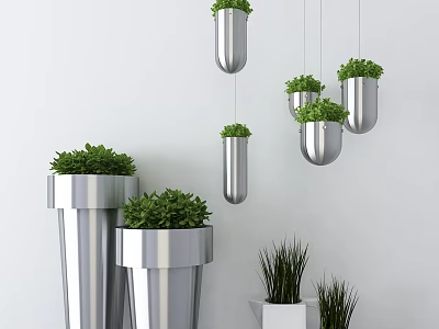 Modern Indoor Bonsai Potted Plants With Metal Hanging And Floor Containers Green Foliage Decor 3d model
