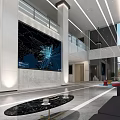 Modern Lobby Reception Area Featuring Large Digital Screen And Stylish Seating 3d model