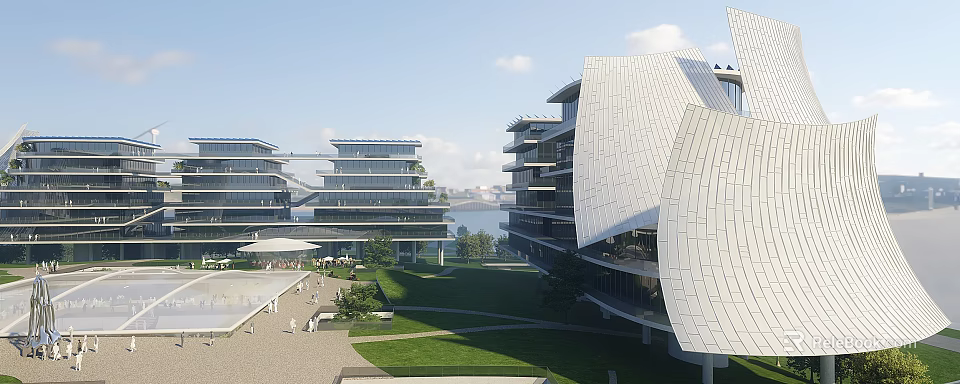 Modern Office Building Featuring Unique Curved Roof Glass Facade Green Area Plaza And Waterfront View 3d model 