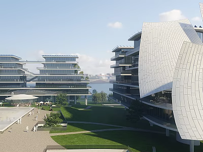 Modern Office Building Featuring Unique Curved Roof Glass Facade Green Area Plaza And Waterfront View 3d model